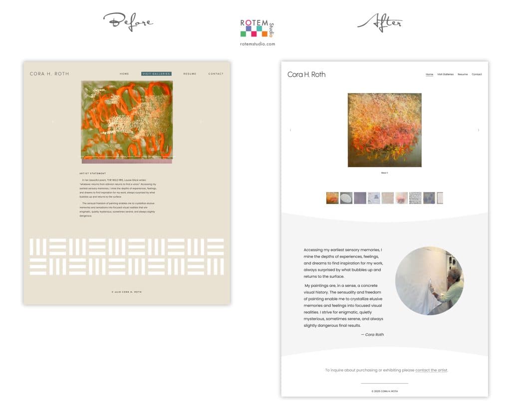 before and after views of website of artist Cora Roth